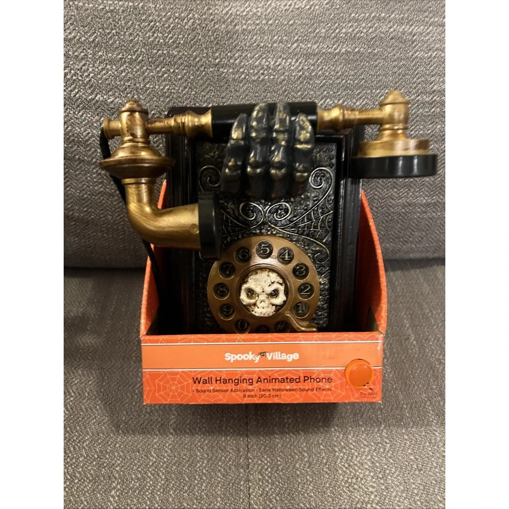 SPOOKY VILLAGE LED ANIMATED PHONE w/ SKULL - HALLOWEEN MOTION SOUND ACTIVATED